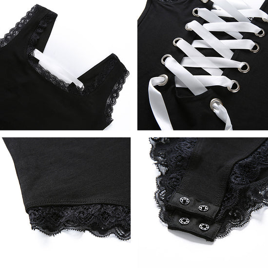 Image Title Black Backless Cross Lace Bodysuit